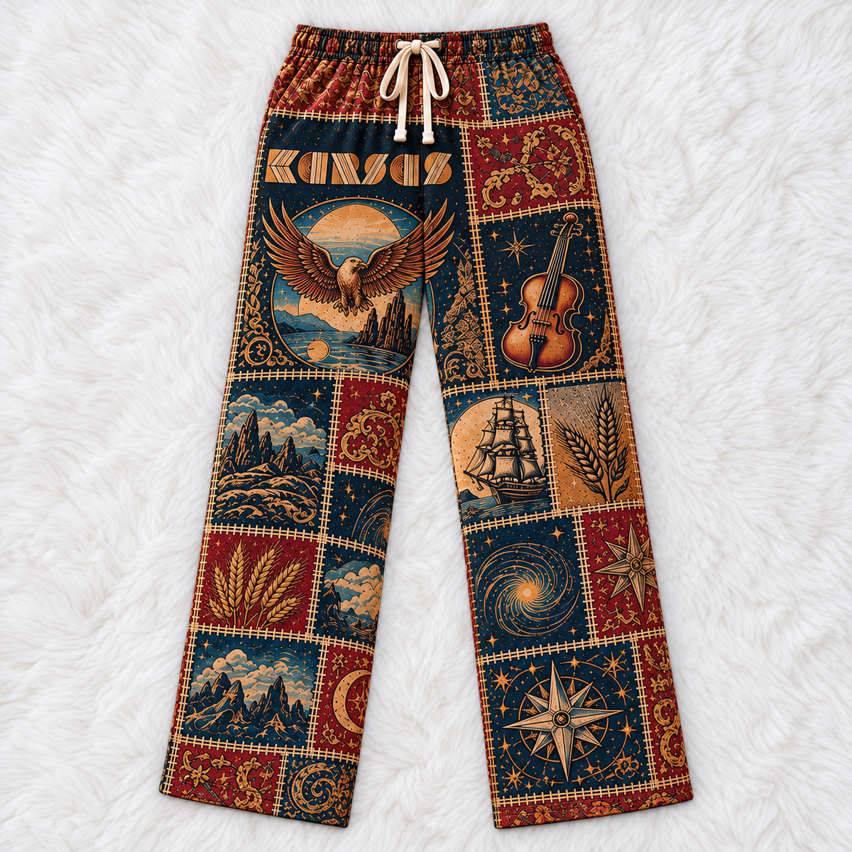 Kansas Pajama Pants - Patchwork Progressive Rock & Eagle Art | Comfortable Music Fan Lounge Pants, Rock Fan Gift