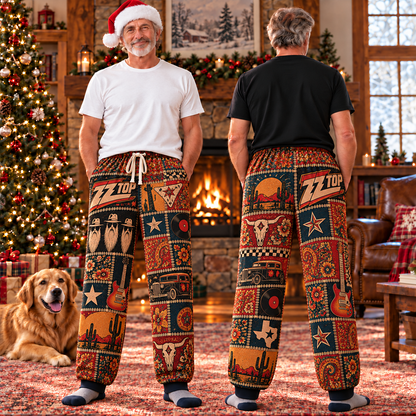 ZZ Top Patchwork Pajama Pants - Vintage Texas Blues Rock Art & Hot Rod Coupe Lounge Pants with Elastic Waistband, Adjustable Drawstring & Two Side Pockets