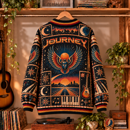 Journey Band Retro Graphic Cardigan - Vintage Rock Knit Outerwear, Classic Rock Band Fan Apparel & Fashion Style Gift