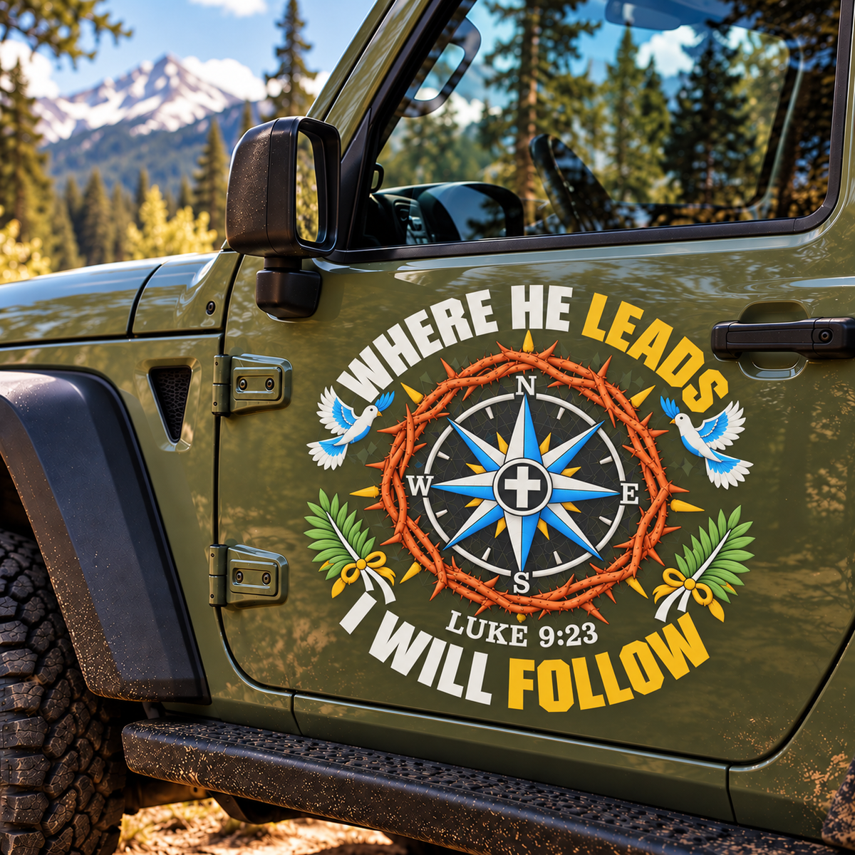 Where He Leads I Will Follow Luke 9:23 Car Decal, Christian Compass Crown of Thorns Vinyl Sticker