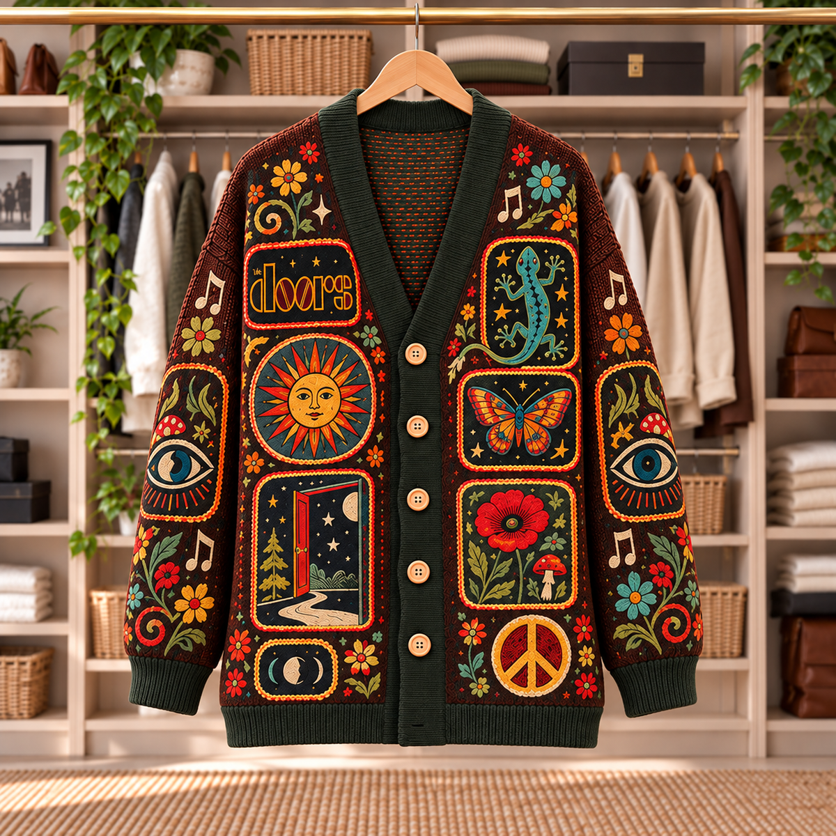 The Doors Patchwork Cardigan - Casual Button Sweater, Lizard King Butterfly Psychedelic Rock Music Fan Gift