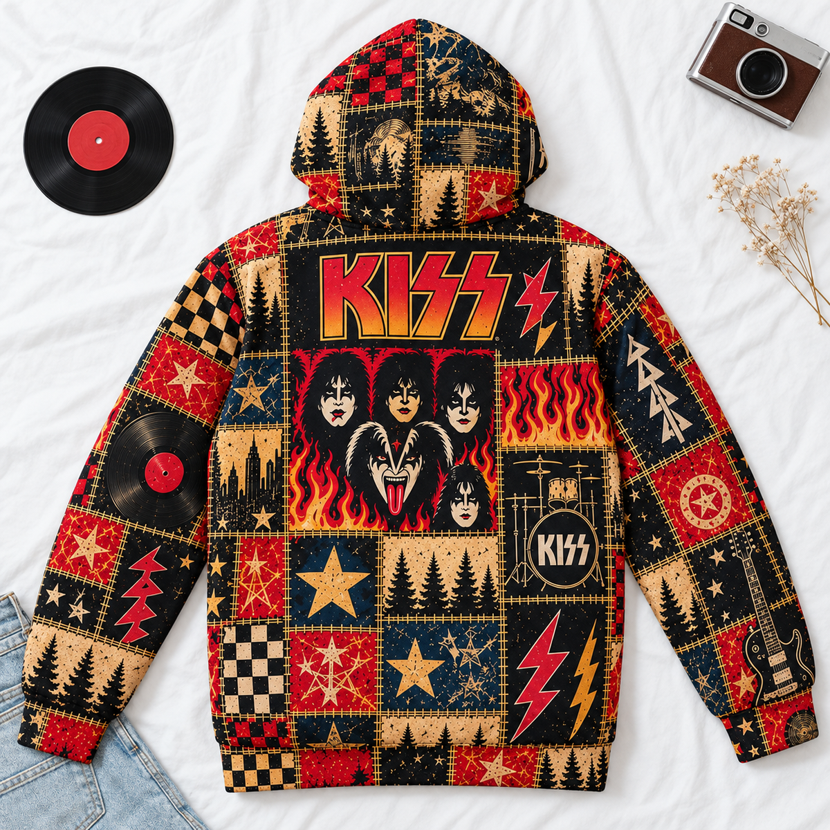 KISS Patchwork Hoodie – Vintage Rock Band Graphic Pullover, Retro Rock and Roll Music Hoodie, KISS Army Fan Gift