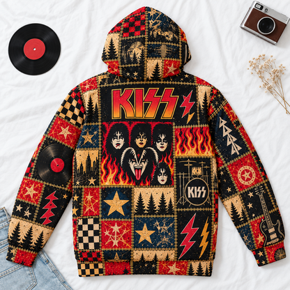 KISS Patchwork Hoodie – Vintage Rock Band Graphic Pullover, Retro Rock and Roll Music Hoodie, KISS Army Fan Gift