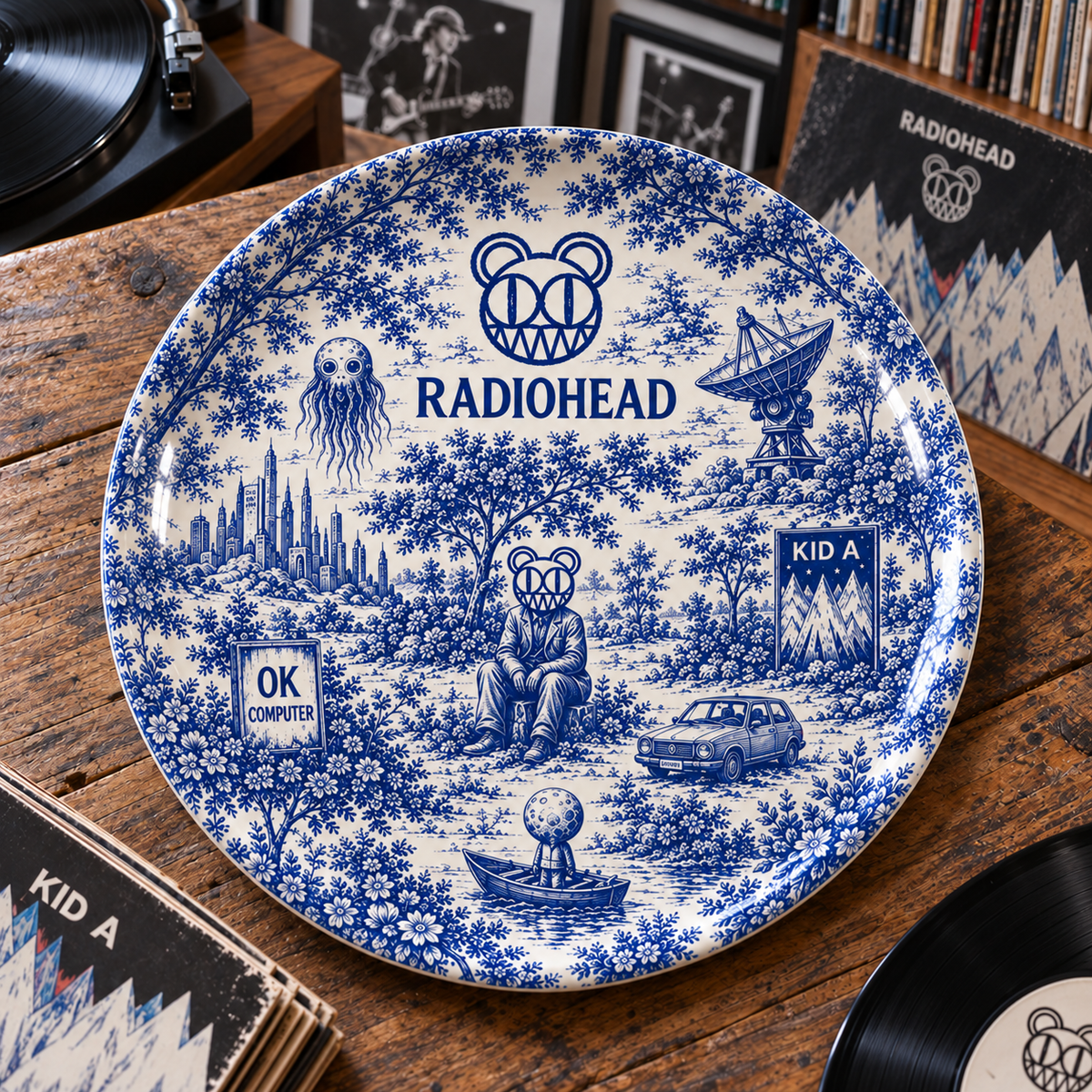Radiohead Toile de Jouy Ceramic Plate - Decorative Wall & Table Display Dish, Blue Kid A OK Computer Rock Fan Gift