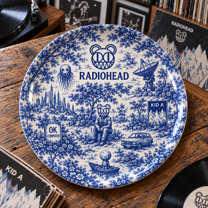 Radiohead Toile de Jouy Ceramic Plate - Decorative Wall & Table Display Dish, Blue Kid A OK Computer Rock Fan Gift