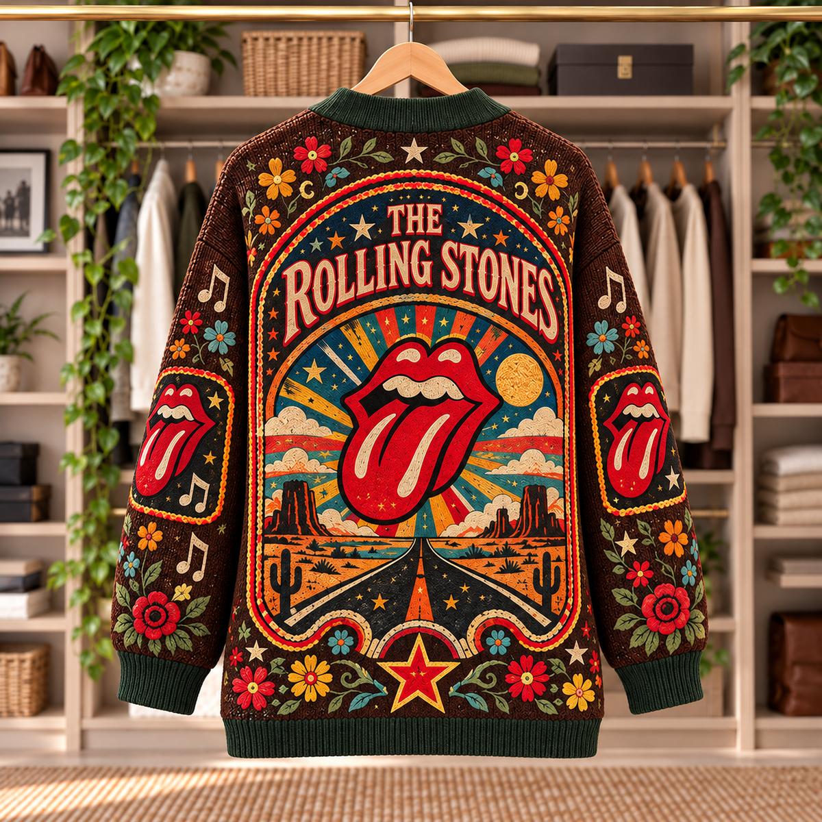 The Rolling Stones Patchwork Cardigan - Casual Button Sweater, Tongue Logo Guitar Classic Rock Music Fan Gift