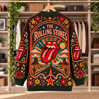 The Rolling Stones Patchwork Cardigan - Casual Button Sweater, Tongue Logo Guitar Classic Rock Music Fan Gift