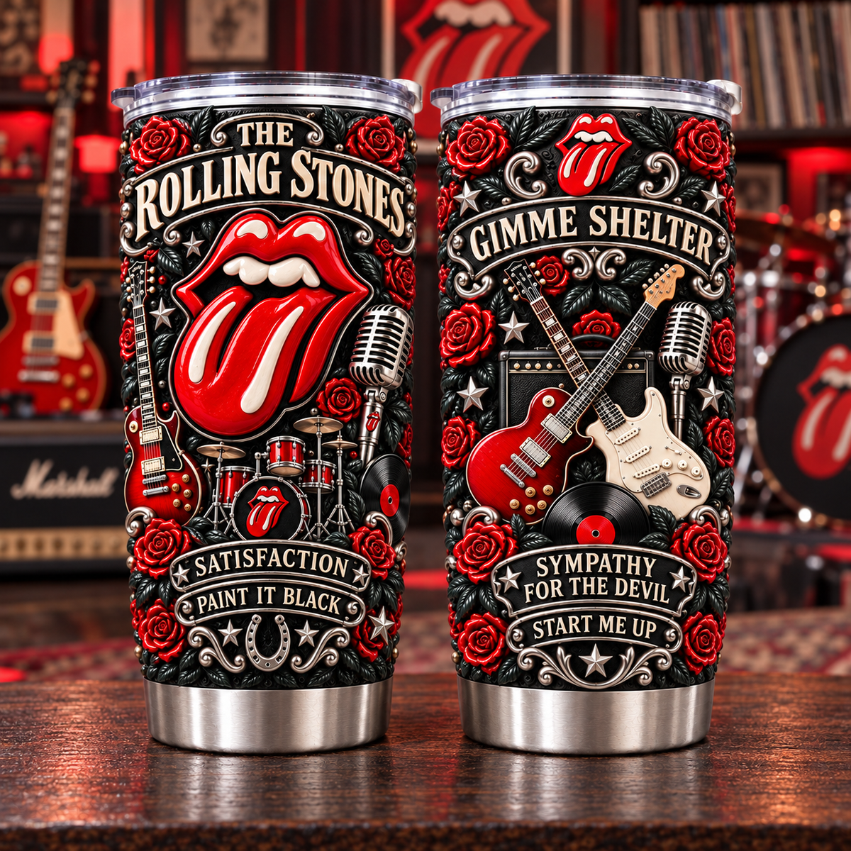 The Rolling Stones 3D Printed Tumbler - 20oz Stainless Steel Insulated Travel Coffee Mug with Lid - Classic Rock Band Music Merchandise Gift