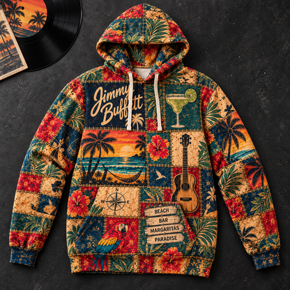 Jimmy Buffett Patchwork Hoodie – Vintage Tropical Beach Graphic Pullover, Margaritaville Paradise Hoodie, Retro Parrothead Fan Gift