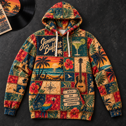 Jimmy Buffett Patchwork Hoodie – Vintage Tropical Beach Graphic Pullover, Margaritaville Paradise Hoodie, Retro Parrothead Fan Gift