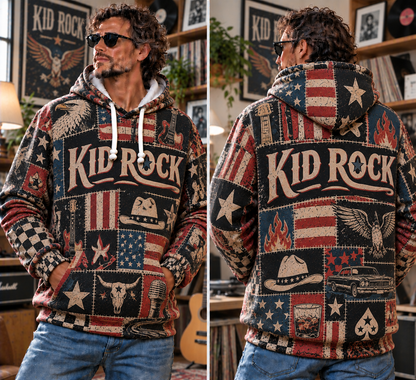 Kid Rock Patchwork Hoodie – Vintage American Rock Graphic Pullover, Patriotic USA Flag & Cowboy Design, Retro Country Rock Fan Gift, Unisex Sweatshirt