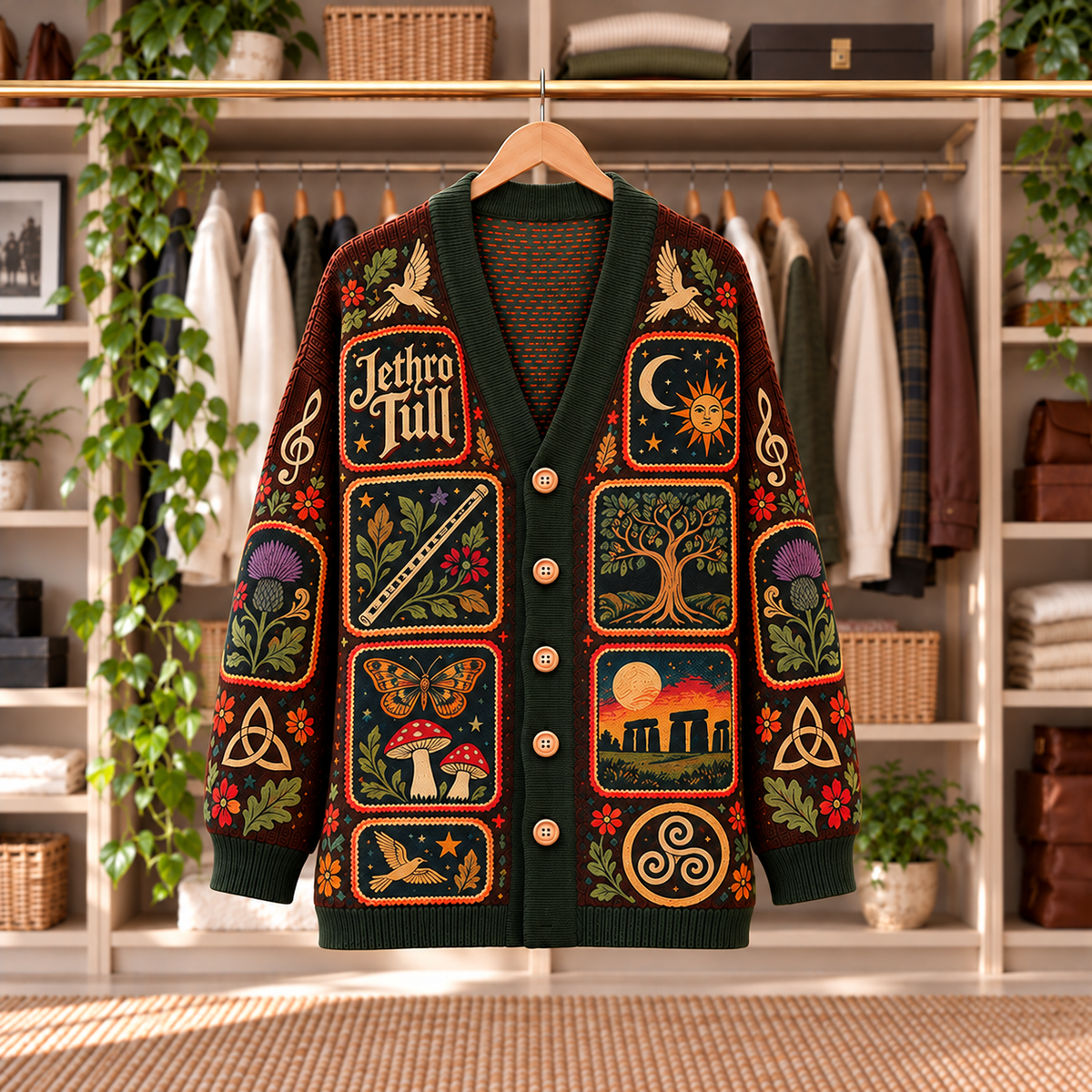 Jethro Tull Patchwork Cardigan - Casual Oversized Button Sweater, Flute Stonehenge Folk Rock Music Fan Gift
