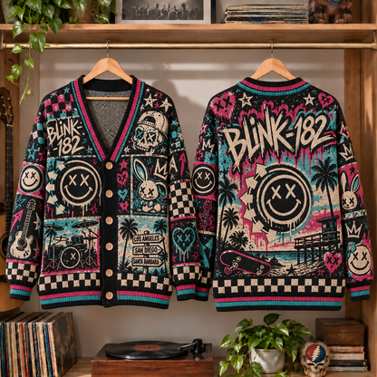Blink-182 Retro Punk Rock Knit Cardigan - Vintage Style Album Graphic Button Down Sweater, Unique California Pop-Punk Band Merchandise Fan Outfit