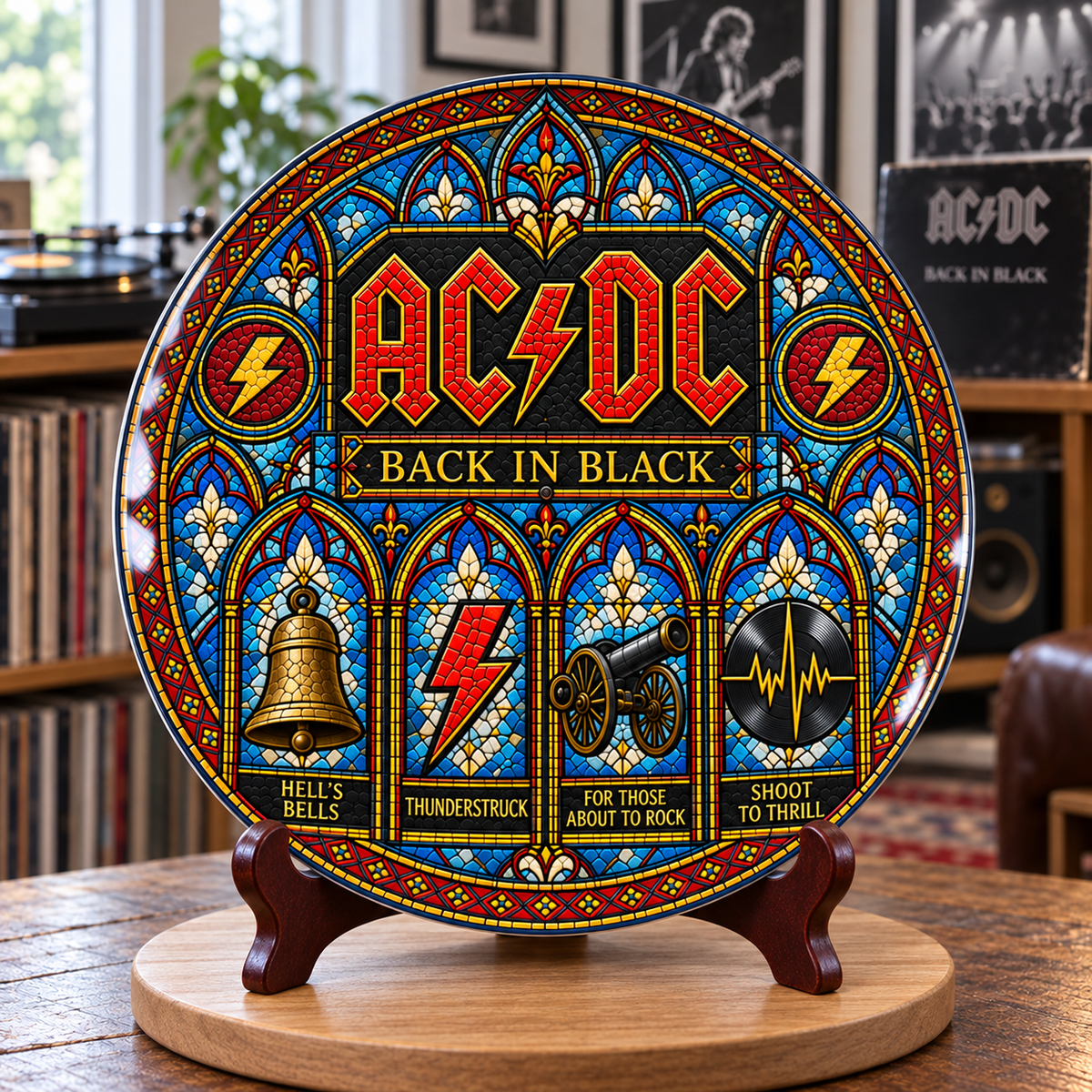 AC/DC Stained Glass Ceramic Plate - Decorative Wall & Table Display Dish, Back in Black Thunderstruck Rock Fan Gift
