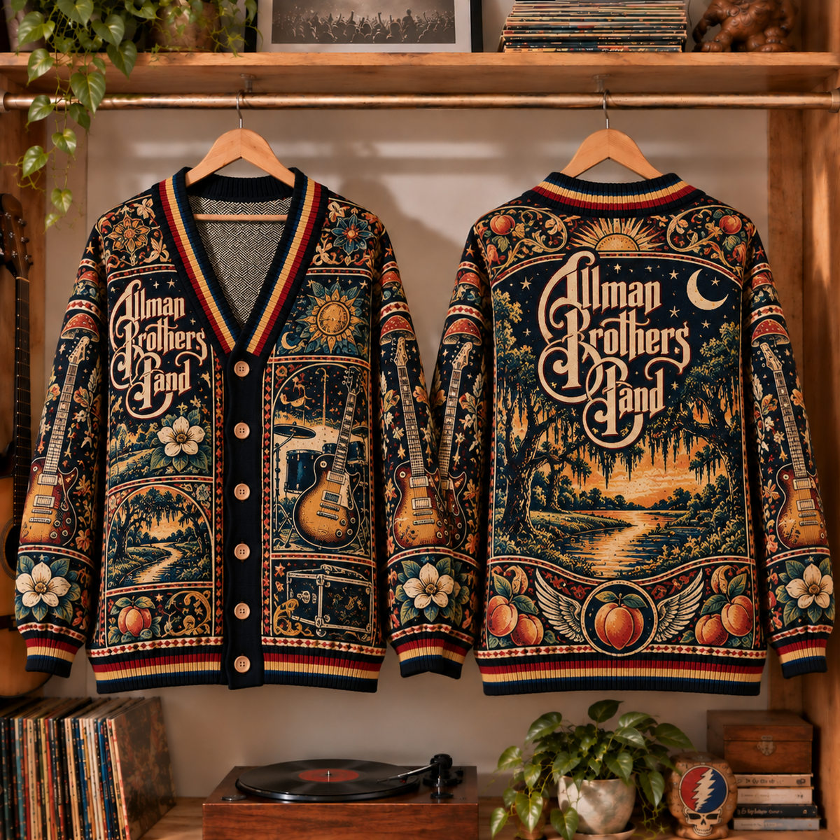 The Allman Brothers Band Vintage Knit Cardigan- Premium Southern Rock Music Merchandise, Retro Electric Guitar & Peach Graphic Button Up Top