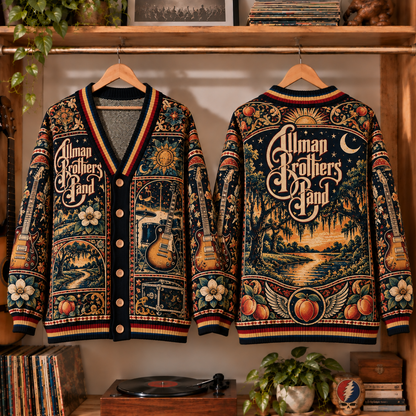 The Allman Brothers Band Vintage Knit Cardigan- Premium Southern Rock Music Merchandise, Retro Electric Guitar & Peach Graphic Button Up Top