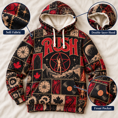 Rush Patchwork Hoodie – Vintage 2112 Starman Graphic Pullover, Retro 70s 80s Progressive Rock Sweatshirt, Classic Rock Band Hoodie