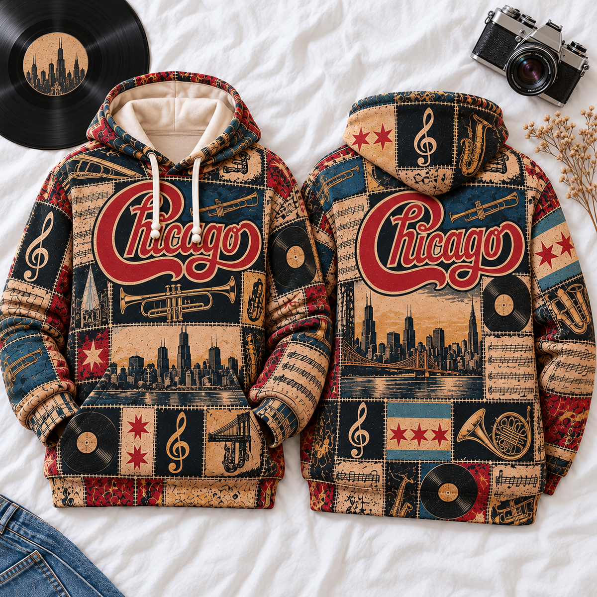 Chicago Band Patchwork Hoodie – Vintage Classic Rock Graphic Pullover, Retro 70s 80s Music Hoodie, Chicago Fan Gift