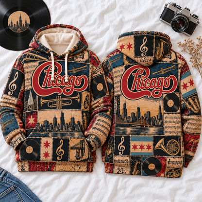 Chicago Band Patchwork Hoodie – Vintage Classic Rock Graphic Pullover, Retro 70s 80s Music Hoodie, Chicago Fan Gift