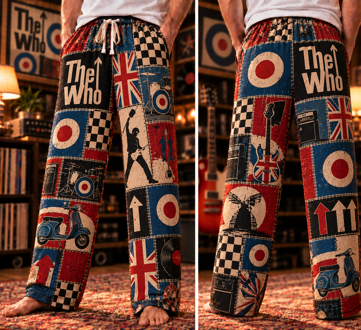 The Who Patchwork Pajama Pants - Vintage British Mod Rock Art & Union Jack Lounge Pants with Elastic Waistband, Adjustable Drawstring & Two Side Pockets