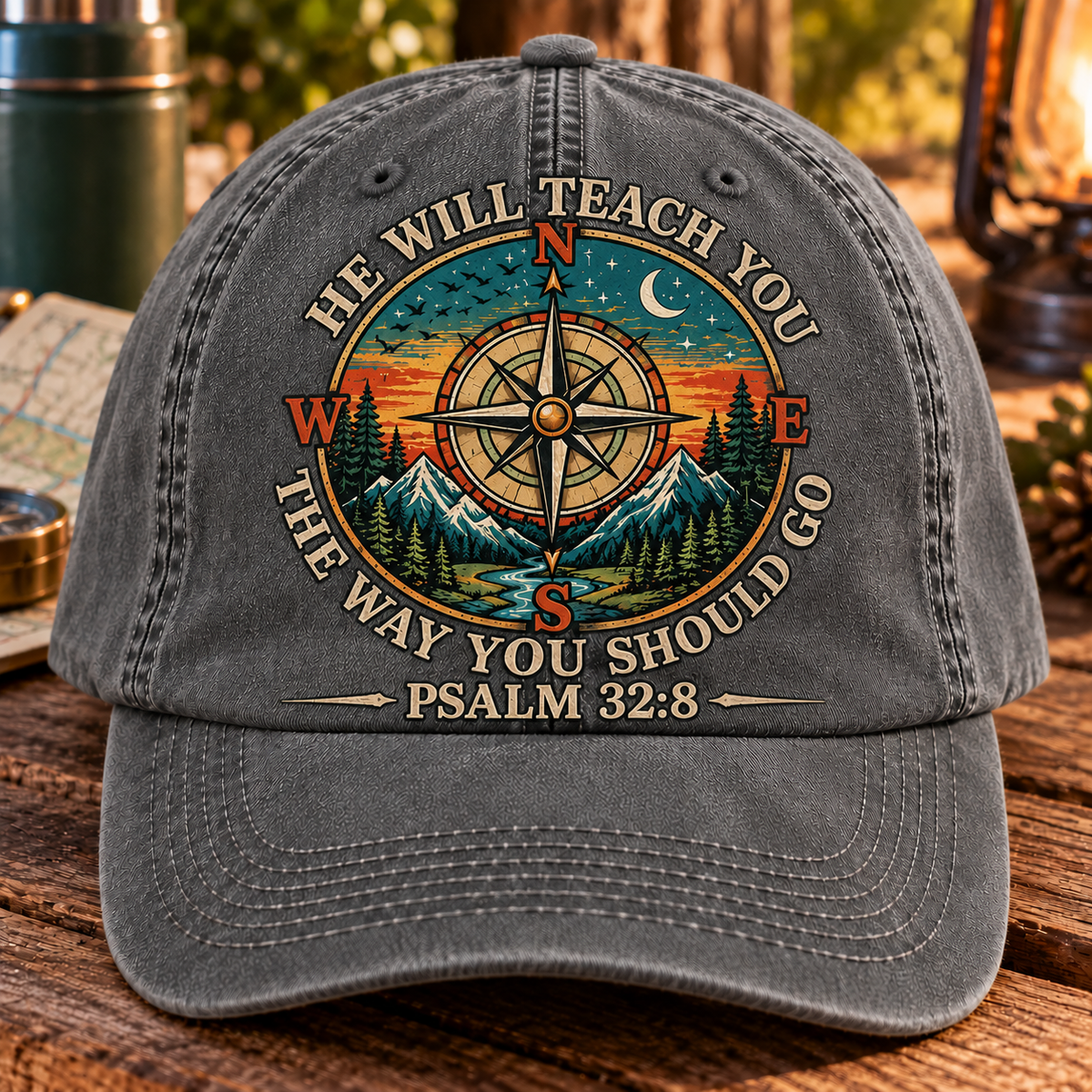 Psalm 32:8 Christian Denim Cap, He Will Teach You The Way You Should Go Cap, Faith Compass Hat, Christian Outdoor Gift, Bible Verse Baseball Cap