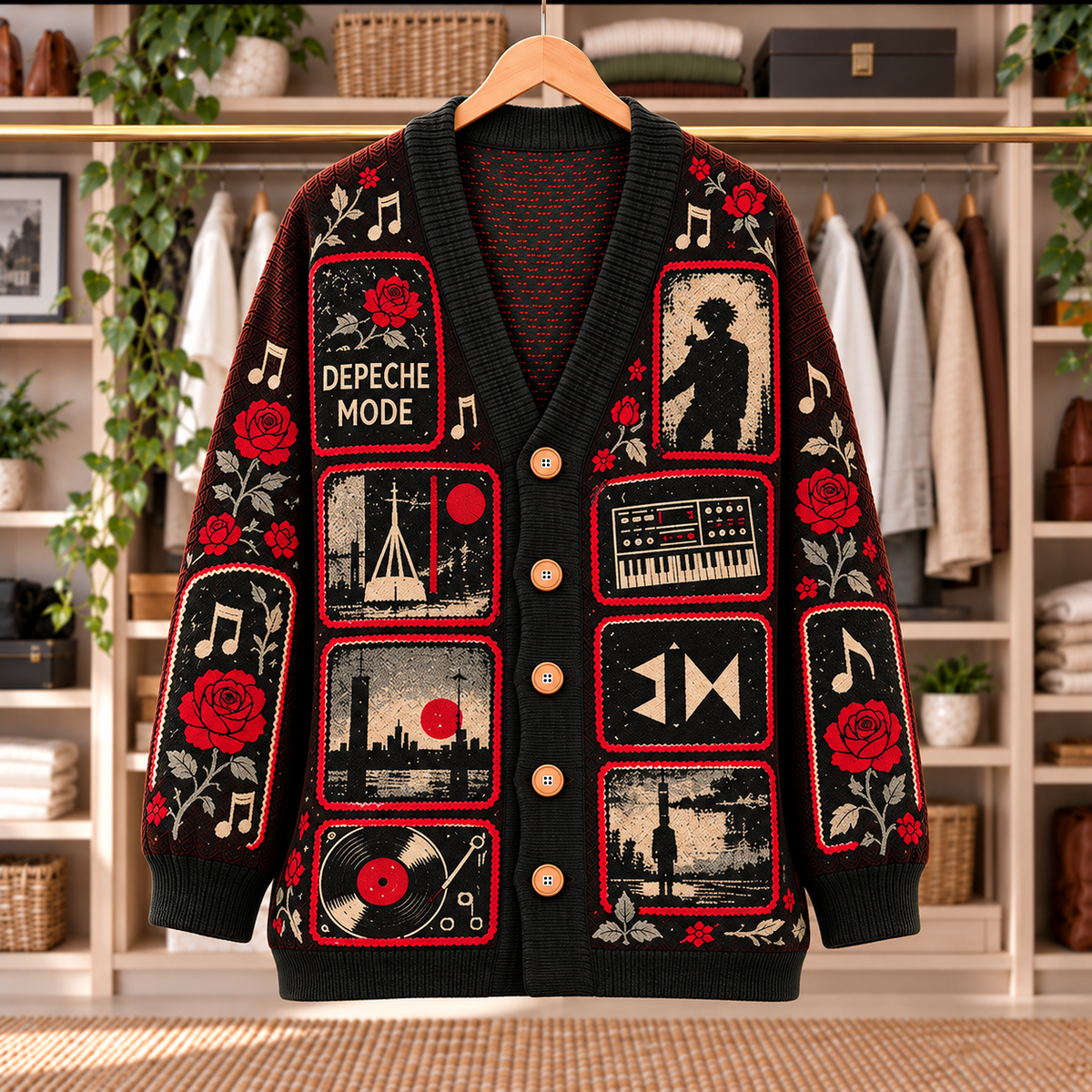 Depeche Mode Patchwork Knitted Cardigan - Casual Oversized Button Sweater, Red Rose Synthesizer New Wave Fan Gift