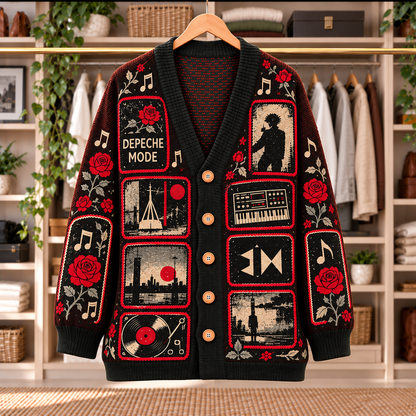 Depeche Mode Patchwork Knitted Cardigan - Casual Oversized Button Sweater, Red Rose Synthesizer New Wave Fan Gift