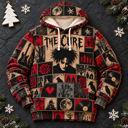 The Cure Patchwork Hoodie – Vintage Gothic Rock Graphic Pullover, Robert Smith Portrait & Dark Romantic Design, Retro 80s Post-Punk Sweatshirt