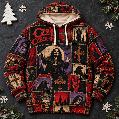 Ozzy Osbourne Patchwork Hoodie – Vintage Prince of Darkness Graphic Pullover, Retro Heavy Metal Sweatshirt, Black Sabbath Legend Fan Gift, Unisex Gothic Rock Hoodie
