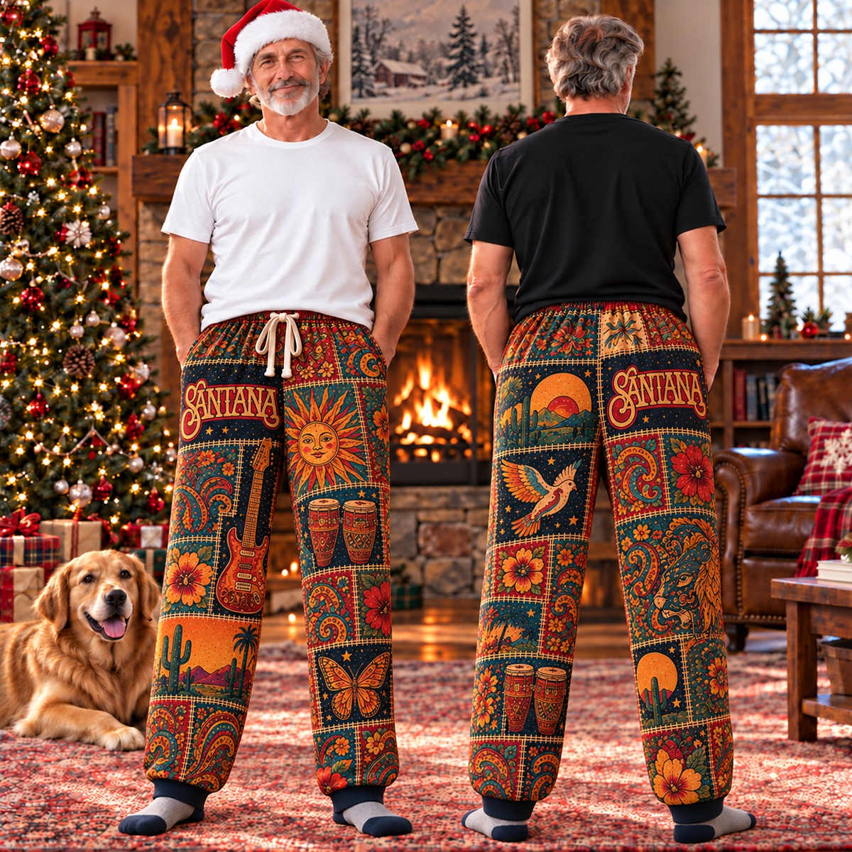 Santana Latin Rock Pajama Pants - Retro Patchwork Electric Guitar, Conga Drums & Desert Cactus Art Sleepwear - Comfortable Pajama Pants for Music Fans