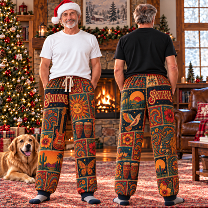 Santana Latin Rock Pajama Pants - Retro Patchwork Electric Guitar, Conga Drums & Desert Cactus Art Sleepwear - Comfortable Pajama Pants for Music Fans