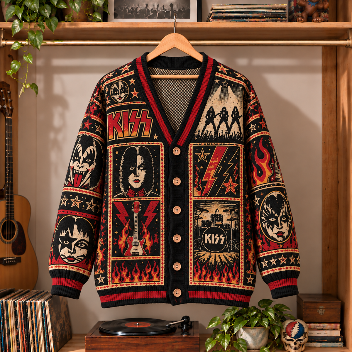 KISS Retro Rock Knit Cardigan - Vintage Style Glam Metal Button Down Sweater, Unique KISS Army Heavy Metal Merchandise Fan Outfit