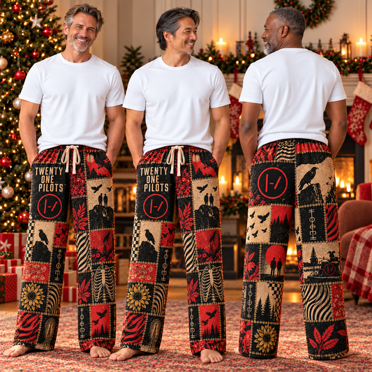 Twenty One Pilots Pajama Pants - Patchwork Band Art Sleepwear, Comfortable Music Fan Pants, Vintage Patchwork Art
