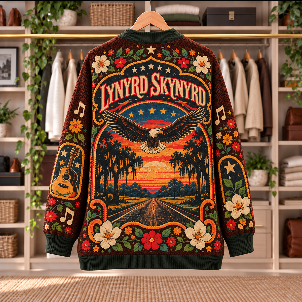 Lynyrd Skynyrd Patchwork Cardigan - Casual Oversized Button Sweater, Eagle Guitar Southern Rock Music Fan Gift