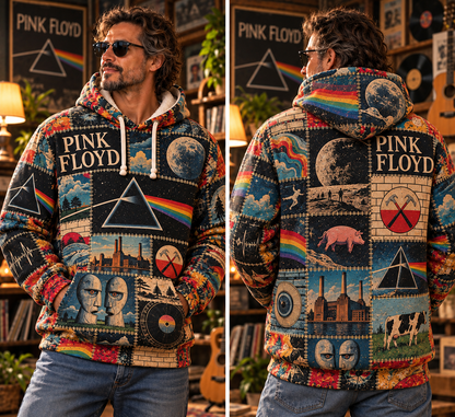 Pink Floyd Patchwork Hoodie – Vintage Psychedelic Rock Graphic Pullover, Dark Side of the Moon Inspired Sweatshirt, Retro 70s Rock Music Hoodie
