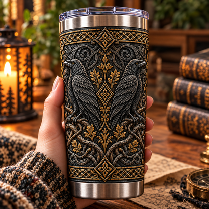 3D Printed Viking Odin Ravens & Vegvisir Compass Tumbler - Norse Mythology Stainless Steel Drinkware