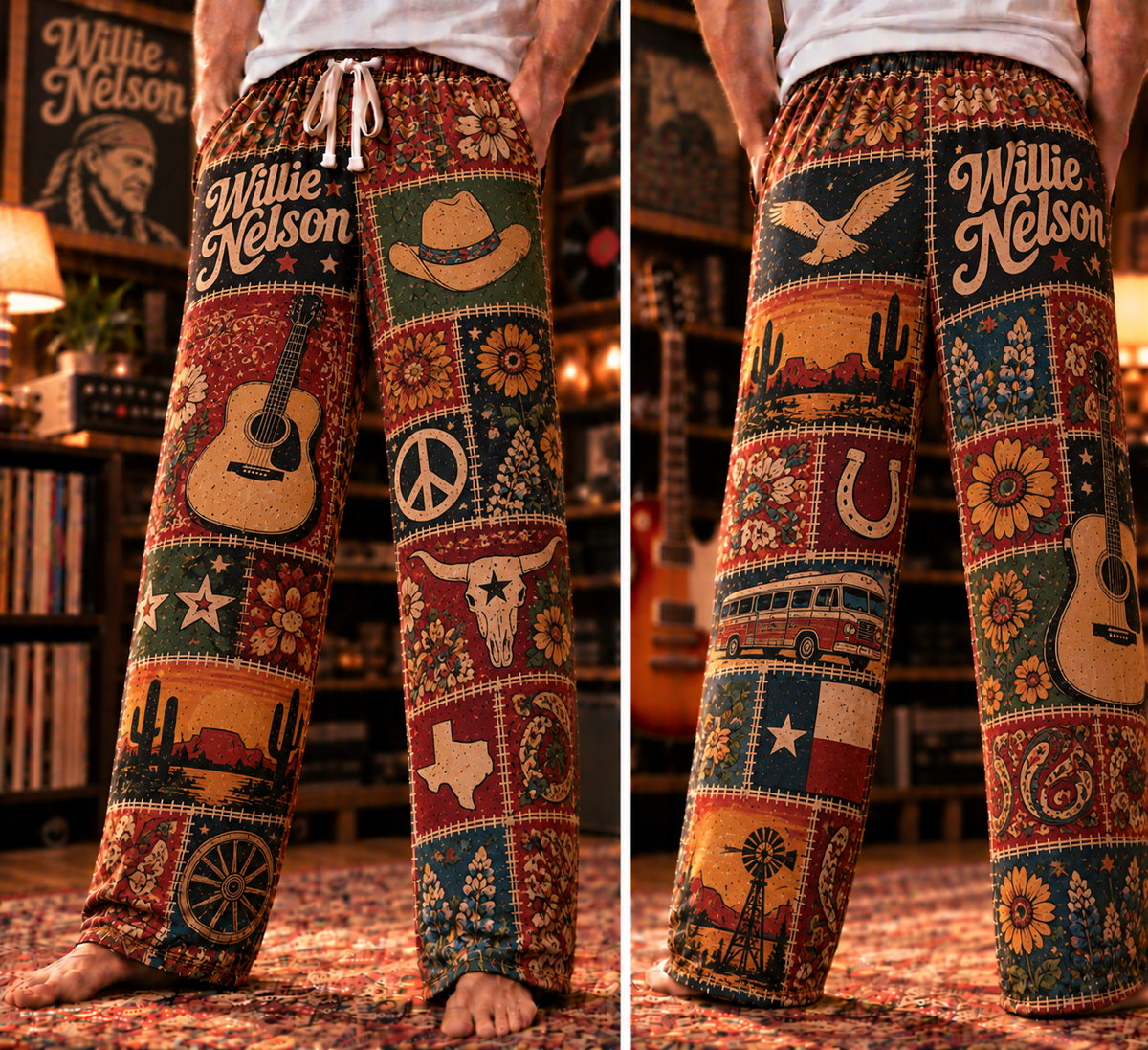 Willie Nelson Patchwork Pajama Pants - Vintage Outlaw Country Music Art & Texas Flag Lounge Pants with Elastic Waistband, Adjustable Drawstring & Two Side Pockets