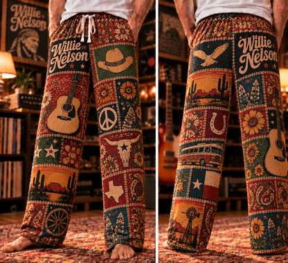 Willie Nelson Patchwork Pajama Pants - Vintage Outlaw Country Music Art & Texas Flag Lounge Pants with Elastic Waistband, Adjustable Drawstring & Two Side Pockets