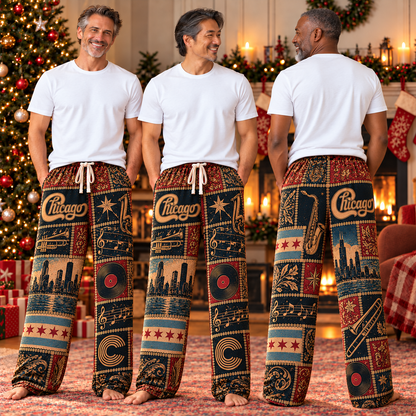 Chicago Pajama Pants- Patchwork Brass Horn & City Flag Art Lounge Pants | Classic Rock Memorabilia & Gift