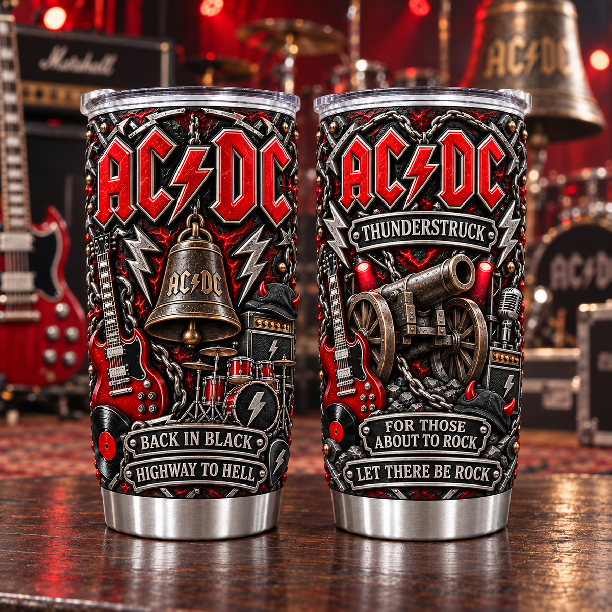 AC/DC 3D Printed Tumbler - 20oz Stainless Steel Insulated Travel Coffee Mug with Lid - Hard Rock Band Music Merchandise Gift