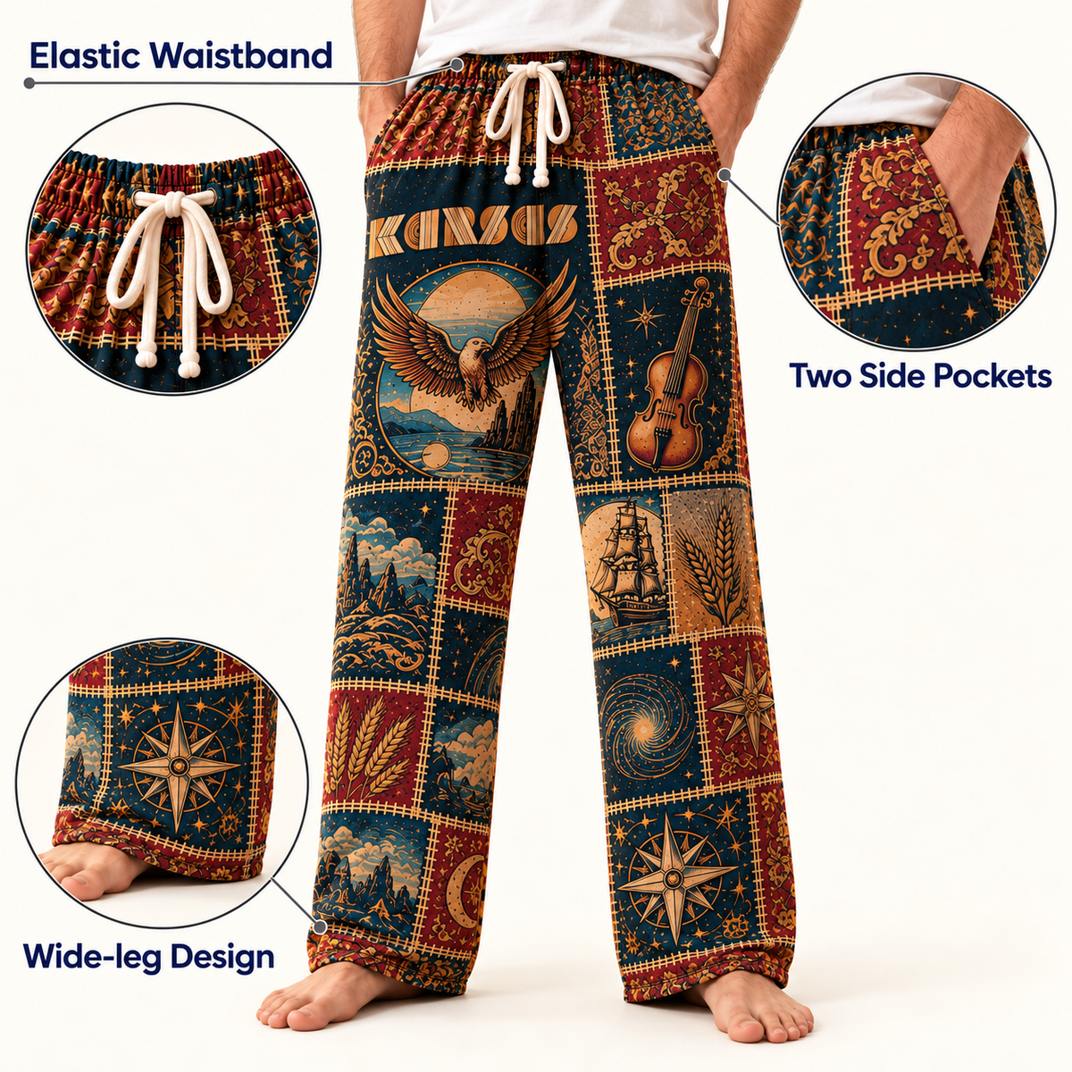 Kansas Pajama Pants - Patchwork Progressive Rock & Eagle Art | Comfortable Music Fan Lounge Pants, Rock Fan Gift