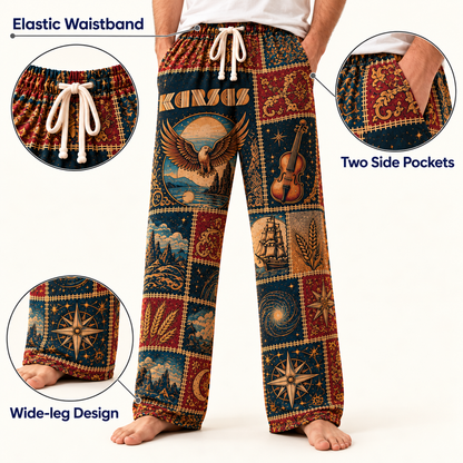 Kansas Pajama Pants - Patchwork Progressive Rock & Eagle Art | Comfortable Music Fan Lounge Pants, Rock Fan Gift