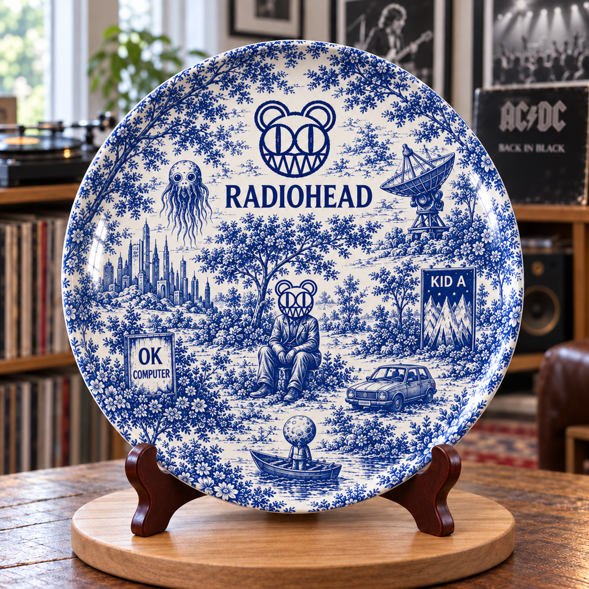 Radiohead Toile de Jouy Ceramic Plate - Decorative Wall & Table Display Dish, Blue Kid A OK Computer Rock Fan Gift