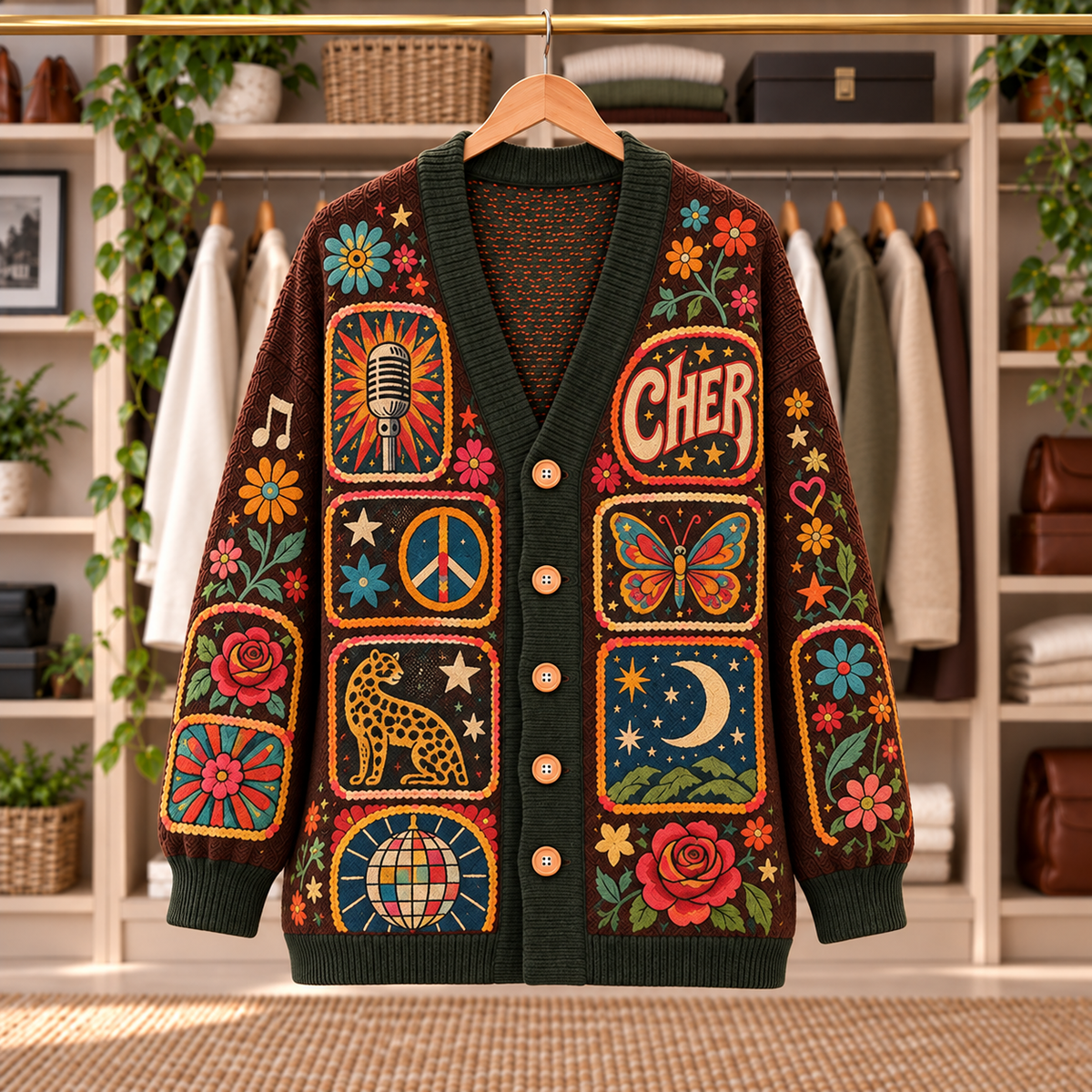 Cher Patchwork Knitted Cardigan - Casual Oversized Button Sweater, Butterfly Disco Ball Retro Pop Music Fan Gift