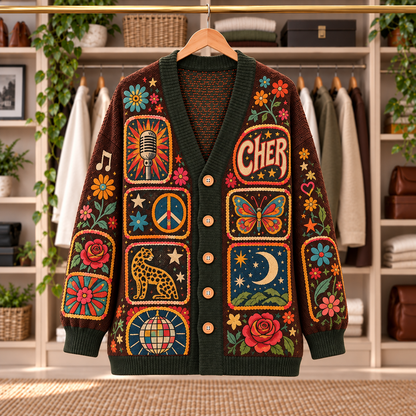 Cher Patchwork Knitted Cardigan - Casual Oversized Button Sweater, Butterfly Disco Ball Retro Pop Music Fan Gift