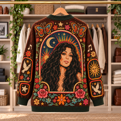 Cher Patchwork Knitted Cardigan - Casual Oversized Button Sweater, Butterfly Disco Ball Retro Pop Music Fan Gift
