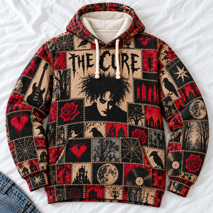 The Cure Patchwork Hoodie – Vintage Gothic Rock Graphic Pullover, Robert Smith Portrait & Dark Romantic Design, Retro 80s Post-Punk Sweatshirt