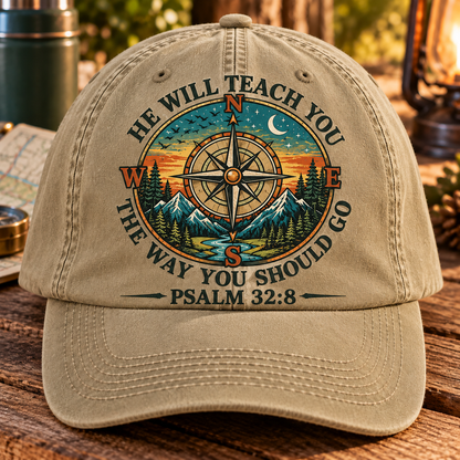 Psalm 32:8 Christian Denim Cap, He Will Teach You The Way You Should Go Cap, Faith Compass Hat, Christian Outdoor Gift, Bible Verse Baseball Cap