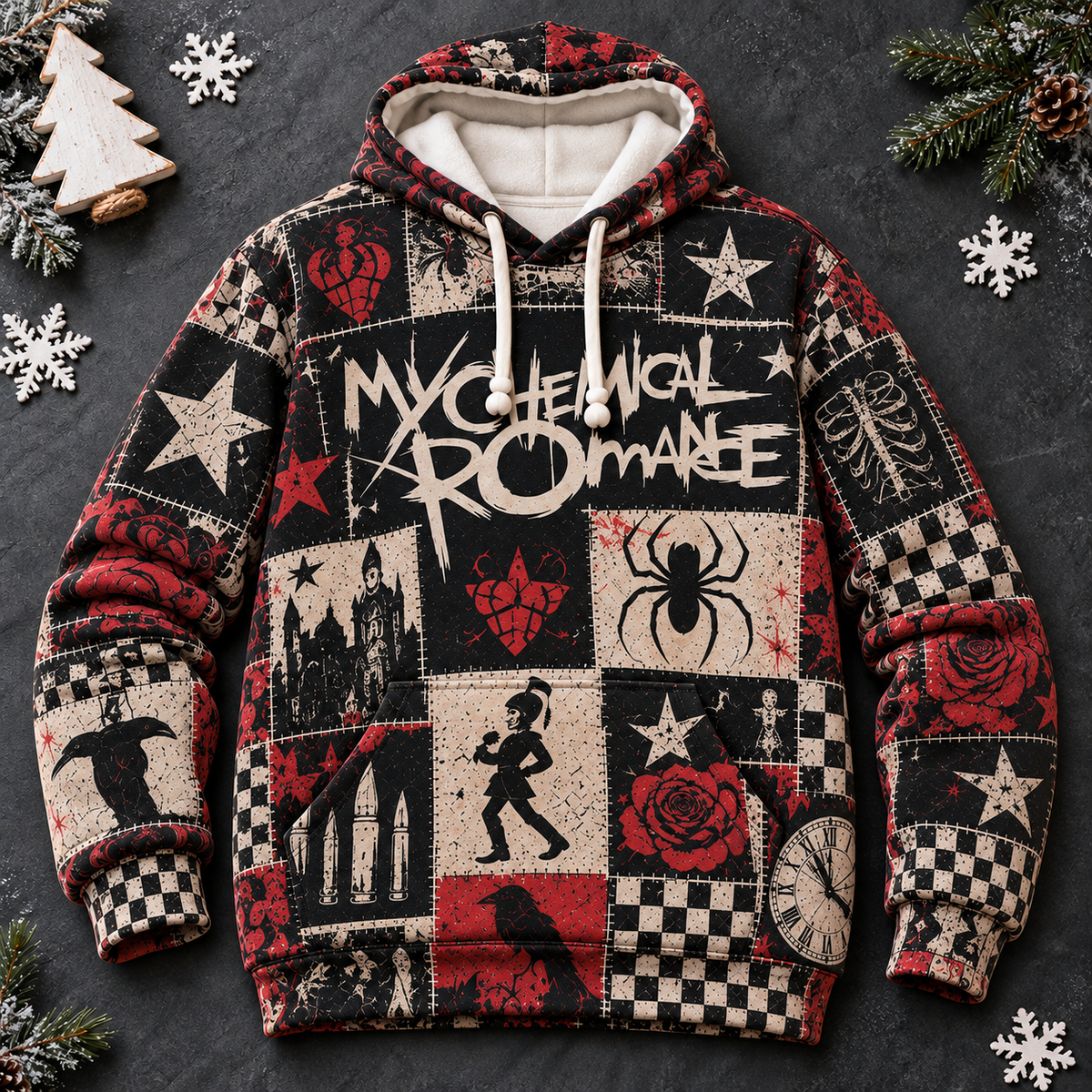 My Chemical Romance Patchwork Hoodie – Vintage Emo Rock Graphic Pullover, The Black Parade Inspired Sweatshirt, MCR Fan Gift, Unisex Alternative Rock Hoodie