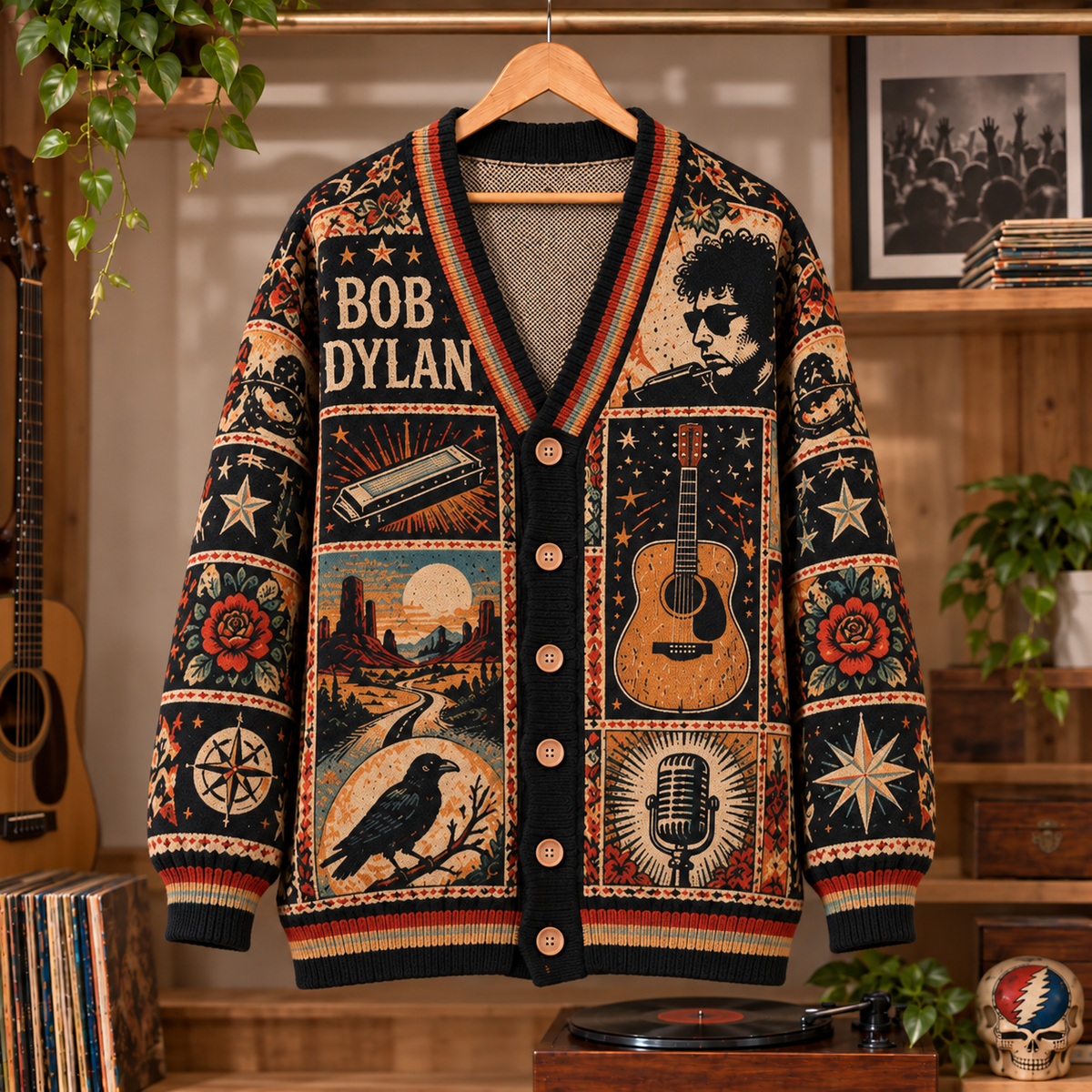 Bob Dylan Vintage Knit Cardigan- Premium Folk Rock Music Merchandise, Retro Acoustic Guitar & Harmonica Graphic Button Up Top